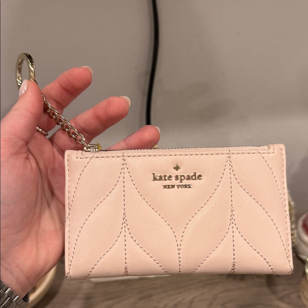 Kate Spade Pale Pink Quilted Leather Key & Card Holder with Gold Chain